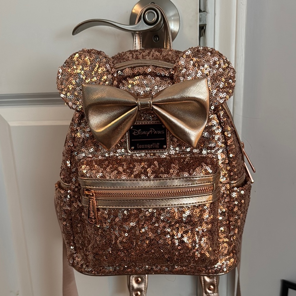 Disney Loungefly Rose Gold Sequin Backpack with Metallic Bow